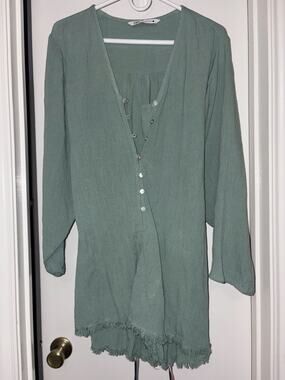 ⁠Zara Mumbai Belted Rustic Romper Jumpsuit Sage Green Gauze Frayed XS 1821/042